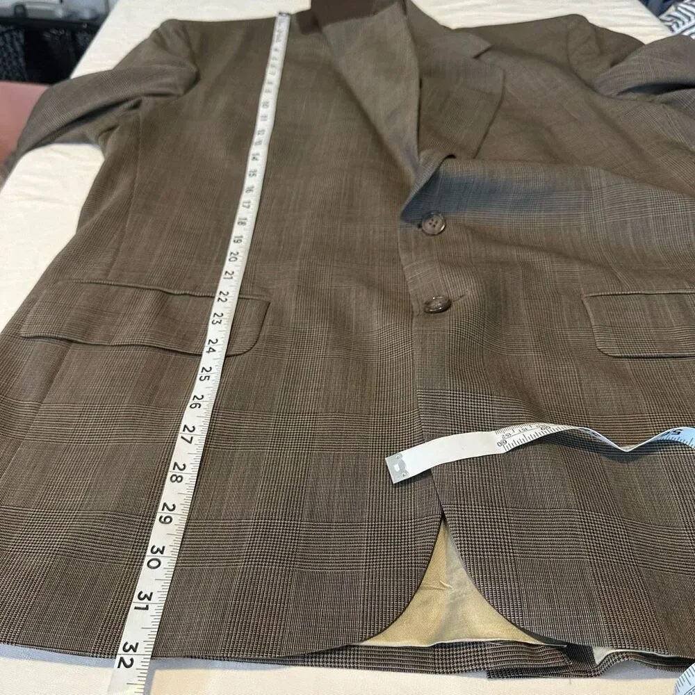 Savile Row Tan Wool Houndstooth‎ Plaid Blazer Sport Coat Mens 44 Preppy Heritage